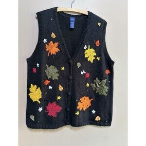 Vtg Basic Editions Cotton Ramie XL Fall Leaves Embroidered Beaded Sweater Vest